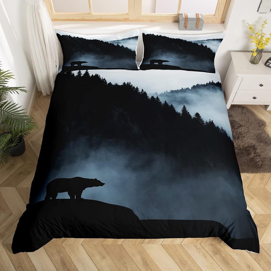 Smoky Mountain King Queen Duvet Cover Grey Fog Pine Trees Bedding Set Retro Natural Scenery Art 2/3pcs Polyester Quilt Cover