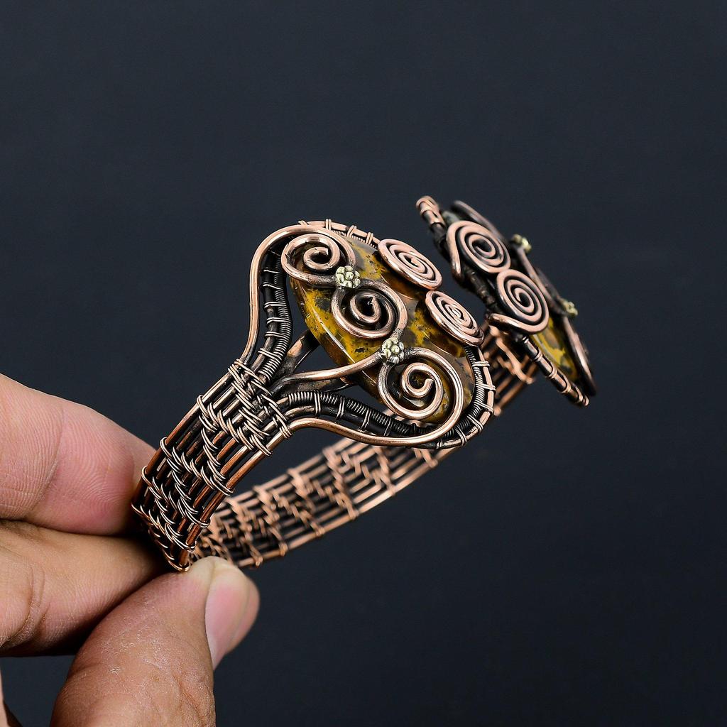 Бамбуковая яшма, драгоценный камень, чистая медная проволока, завернутая в манжеты/браслет ручной работы, регулируемые украшения для нее