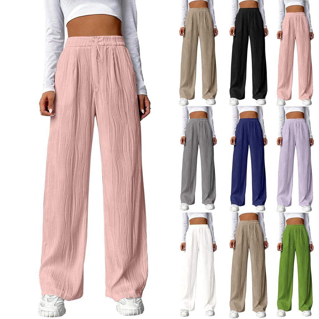 Women's Fashion Casual Elastic Drawstring High Waist Textured Wide Leg Straight Pants