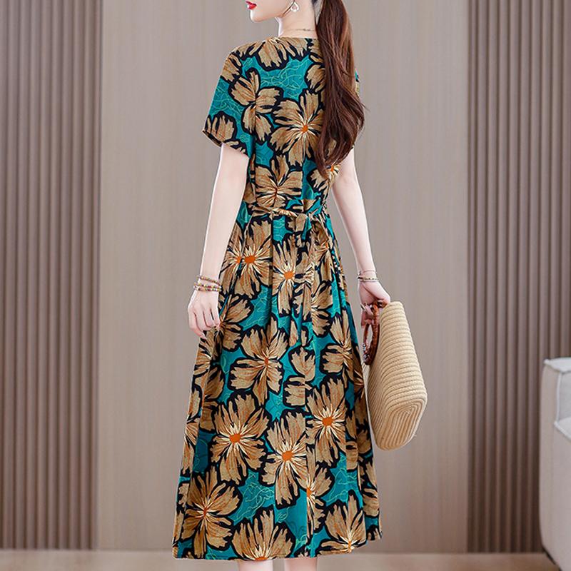 Длинное платье с винтажным принтом для женщин, повседневное летнее платье больших размеров с коротким рукавом и поясом, одежда для женщин среднего возраста