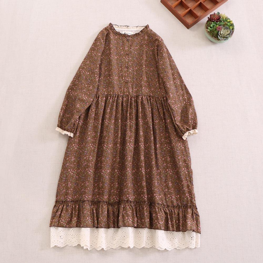 Японское платье с принтом Mori Girl Art, красивое весеннее женское платье из хлопка и льна, новое цветочное платье, свободное платье с длинными рукавами, платье-миди