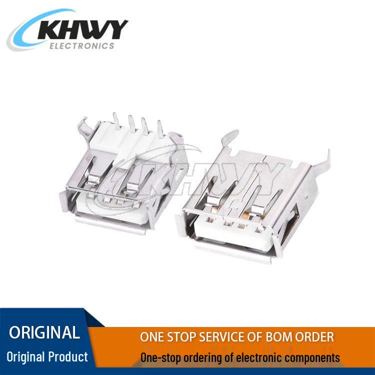 USB-разъем для зарядки, тип A, гнездо, 90° вертикальный, SMD, изогнутый/прямой штырь 13,7 мм, обжимной край, без рамки