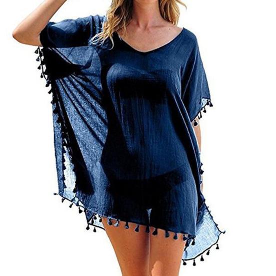 Swimsuit Cover Up Solid Color Loose See-through Tassel Bikini Dress