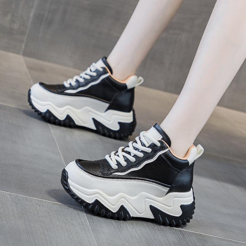 New Genuine Leather 7.5CM Women High Top Sneakers Autumn Winter Wedgies Casual Platform Vulcanized Shoe Lace Up Thick Soled Shoe