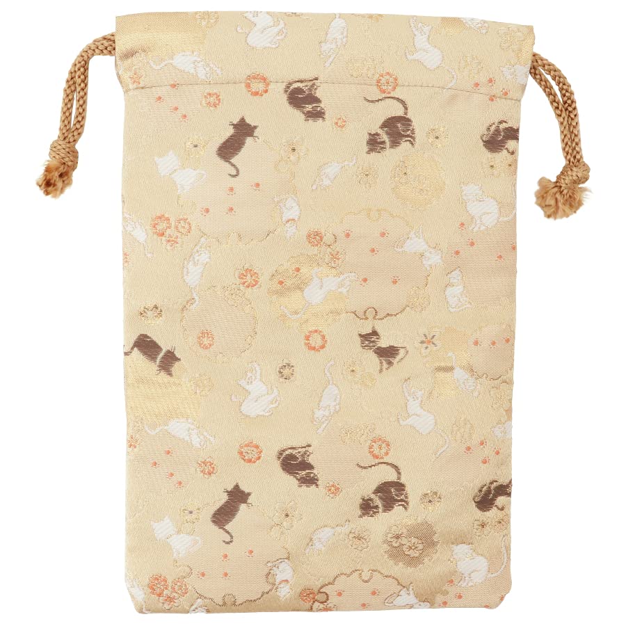 Senshishuin Nishijin Brocade Drawstring Bag Snowflake Cat Medium Size (Lined) Honey-Colored Design,