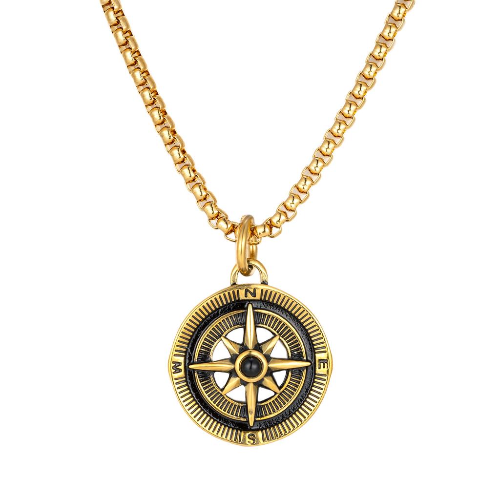 Vintage Compass Pendant Necklace Stainless Steel Disc Necklaces Gold Plated Anti Tarnish Chain Pendants ALN25123178