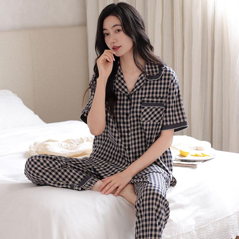 Woven cotton gauze pajamas women's summer thin cotton short-sleeved trousers mother cotton large size can be worn outside loungewear