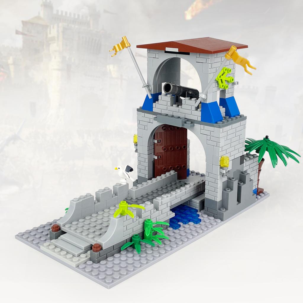 Средневековая золотая корона, синий лев, стражи замка, сцена, детские строительные блоки, игрушка