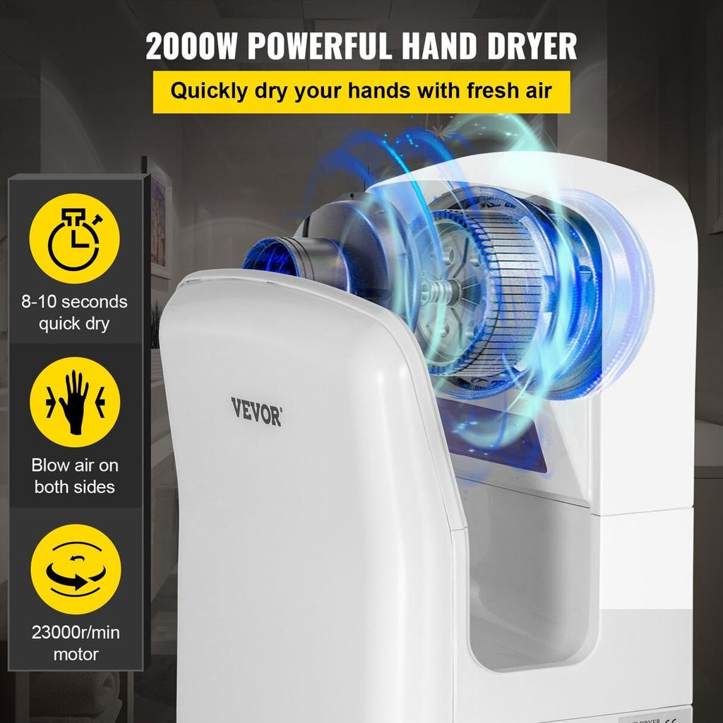 Jet Hand Dryer, Premium Electric Commercial Blade Hand Dryer, ABS Air Dryer Hand with HEPA Filtration Wall Mount Hand Dryer, 2000W 220V Vertical Hand