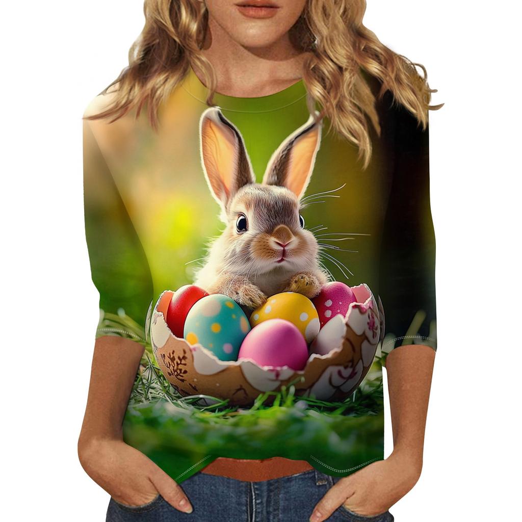 Women's Fashion Loose Casual Seven Sleeve Printed Round Neck Top