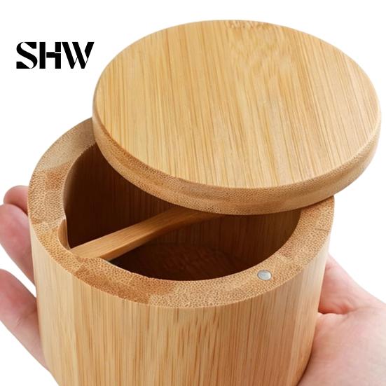 Kitchen Spice Storage Organizer Wood Salt Container with Swivel Magnetic Lid, Built-in Spoon Seasoning Jar Jar, Moisture Proof for Countertop