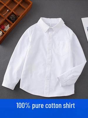Белая школьная рубашка с длинным рукавом для мальчиков с отложным воротником для учеников начальной школы, стиль весна-осень 2025