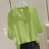 Shirt Tops Lapel Collar Half Sleeve Blouse Solid Color Loose Fit Buttons Decor Pullover