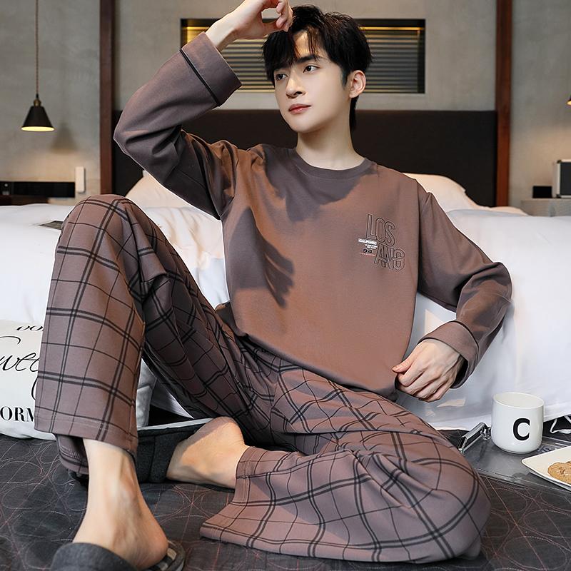 Мультяжная мужская пижама из хлопка, осенний комплект, топы для сна, брюки, круглый вырез, домашний костюм для отдыха, мужская пижама, ночная одежда