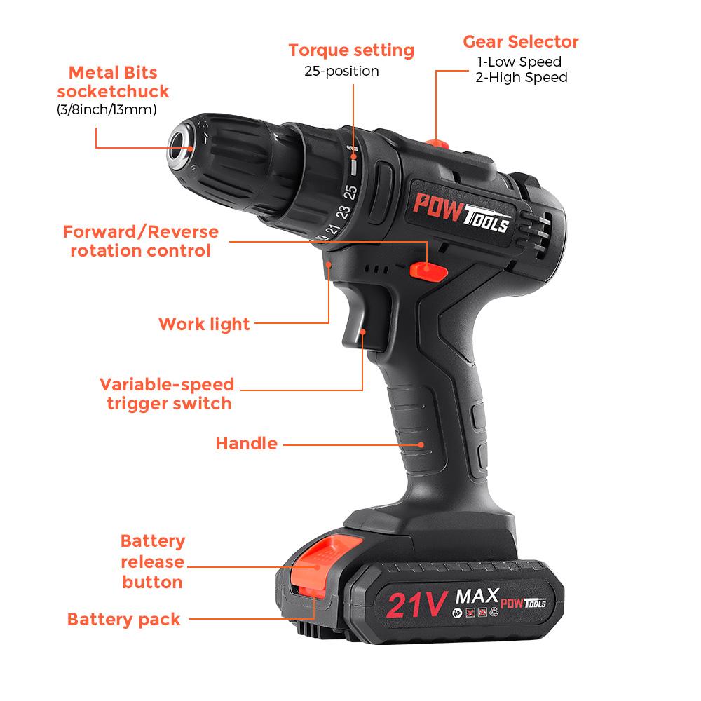 Электрические шуруповерты POWTOOLS - 21В - 1 аккумулятор Литиевый + 28 аксессуаров + Зарядное устройство