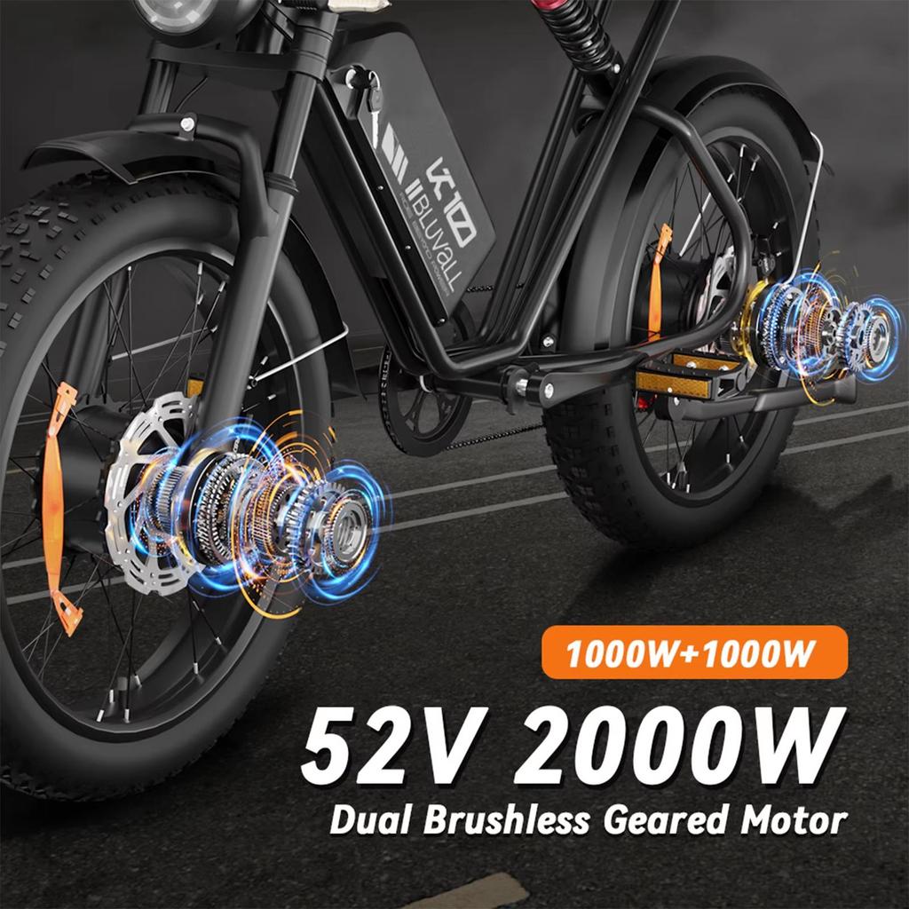 New K10 electric bicycle 2000W dual motor 52V 43Ah dual battery 20 * 4.0-inch fat tire electric bicycle hydraulic brake, cruise mode