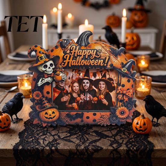 Cute Theme Picture Frame Halloween Photo Frame, Wooden Desktop Holder for Spooky Party Decoration Supplies And Festive Home Decor, Vintage Tabletop