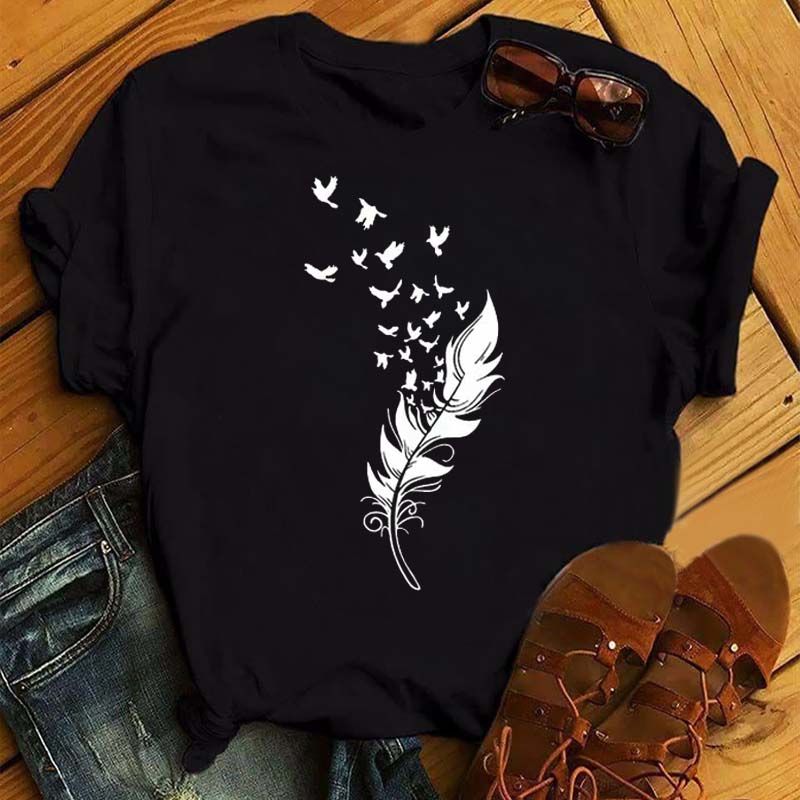 Модная женская футболка с забавным принтом бабочки и пера, футболка, летние топы с коротким рукавом, футболка, женские футболки с перьями