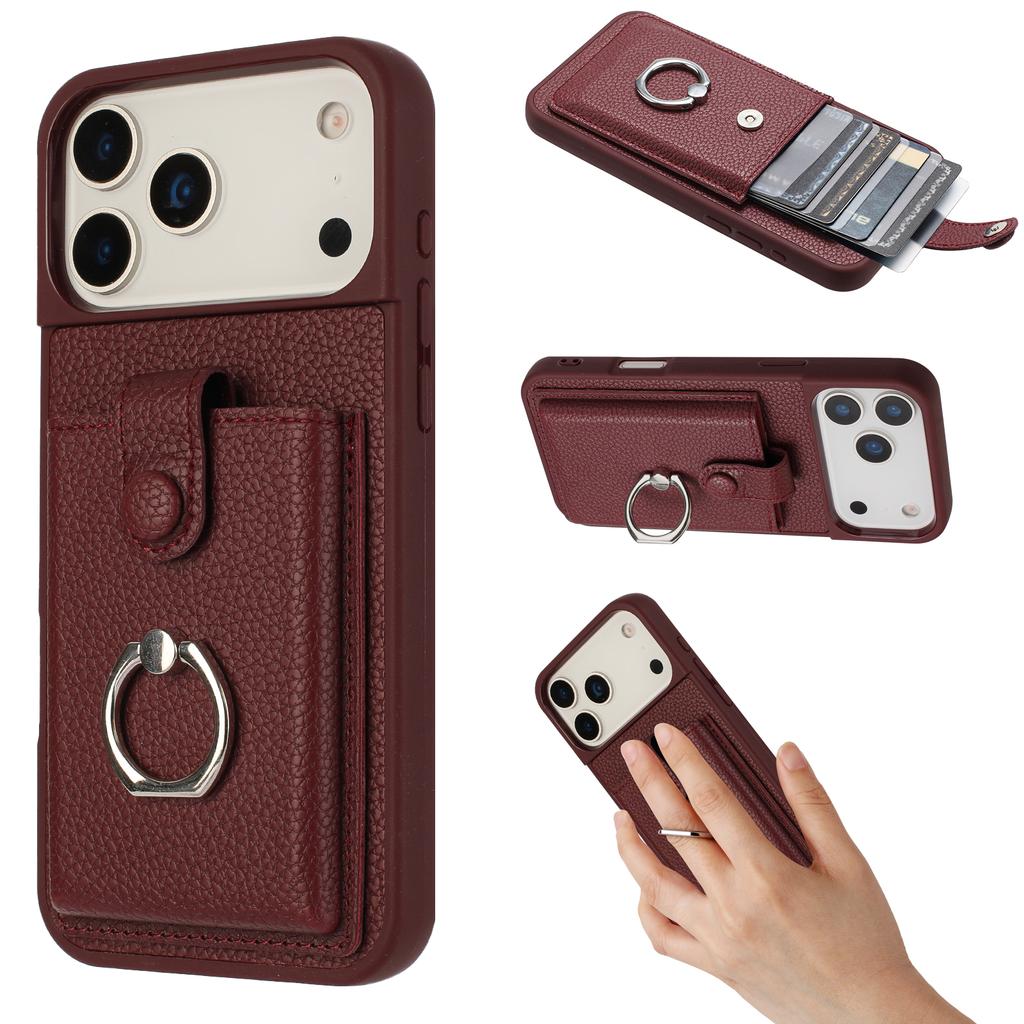 For iPhone 17 Pro Max Case with Ring Kickstand Drawing Type Card Slots Leather Back Cover