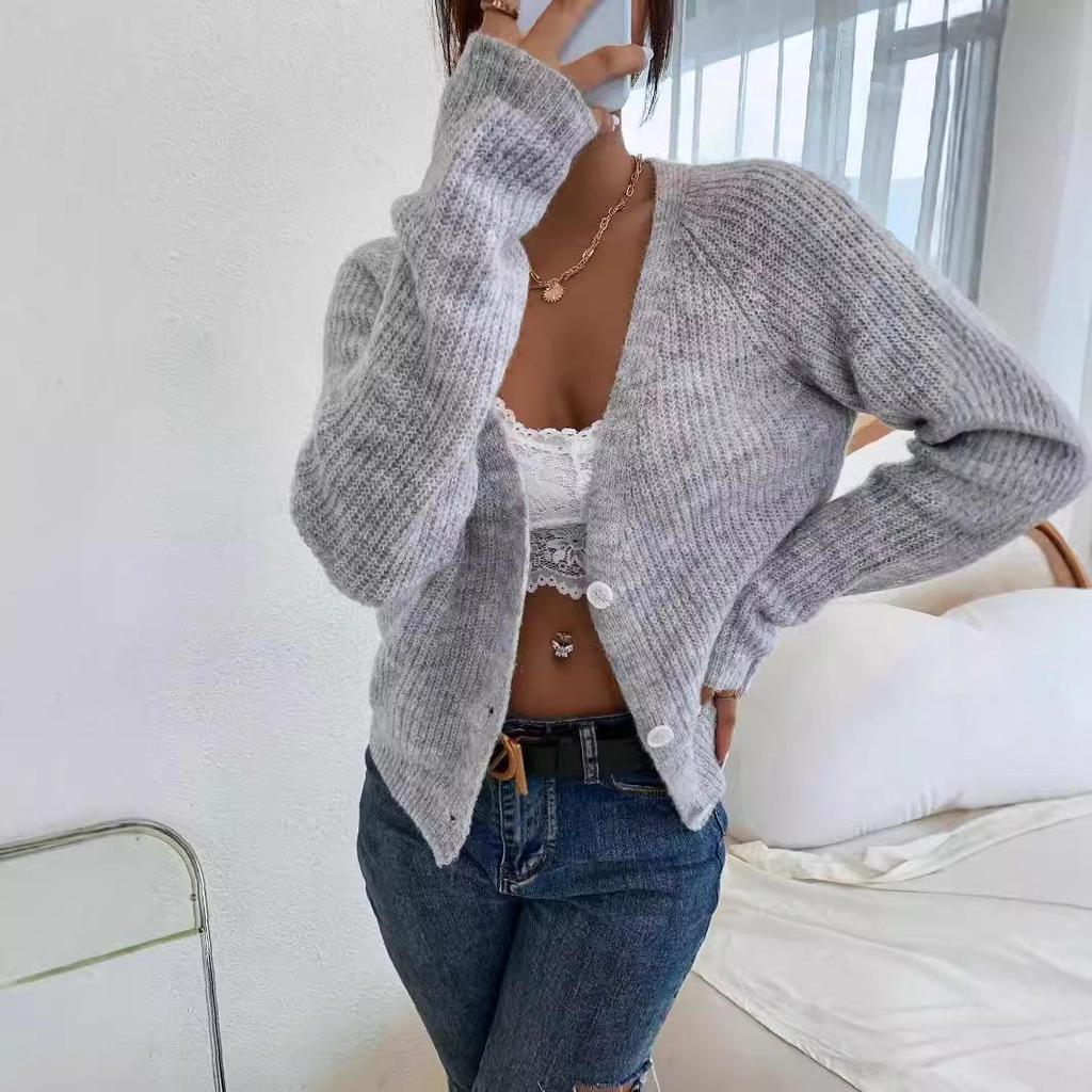 European & American Autumn/Winter Women's V-Neck Single-Breasted Loose Knitted Wool Sweater