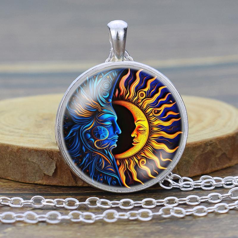 Moon and Sun Glass Cabochon Pendant, Moon and Sun Necklace, Moon Sun Jewelry for Women