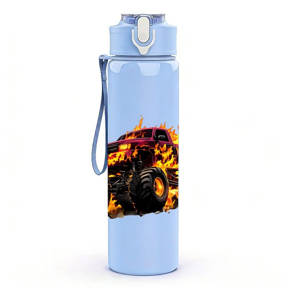1PC Burning Fire Monster Truck Print 750ml Color Plastic Sports Water Bottle Leakproof Flip Straw Lid Suitable for Sports Office Home Use