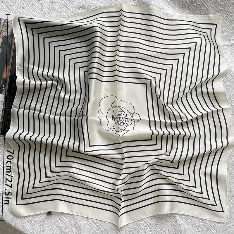 1pcs 710cm Line Rose Printed Silk Scarf for Women Imitation Silk Simple Fashion Versatile Headwear Clothing Square Scarf