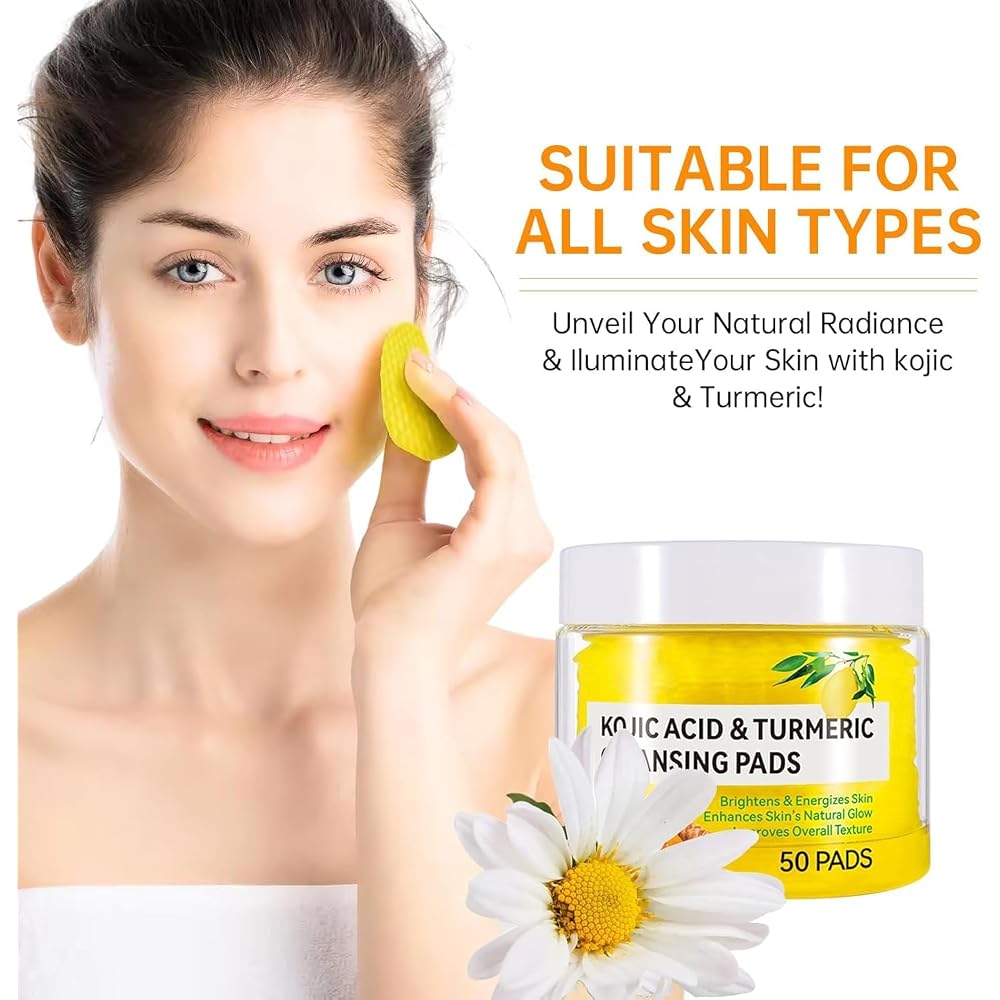 Turmeric Kojic Acid Cleansing Pads, 50Pcs Kojic Acid and Turmeric Cleansing Pads, Face Turmeric