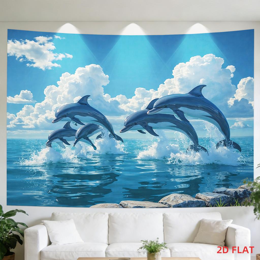Luxury Dolphin Tapestry Wall Hanging Ocean Marine Decor Blue Sky Nautical Art Large Coastal Sea Scene 180x230cm