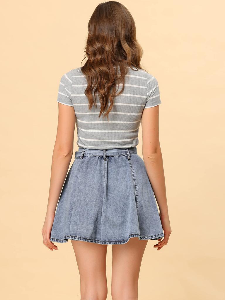 Allegra K A-Line Mini Denim Skirt with Belt, Vintage High Waist, Ruffles, Short Length, Women's, Gray Blue, Size S