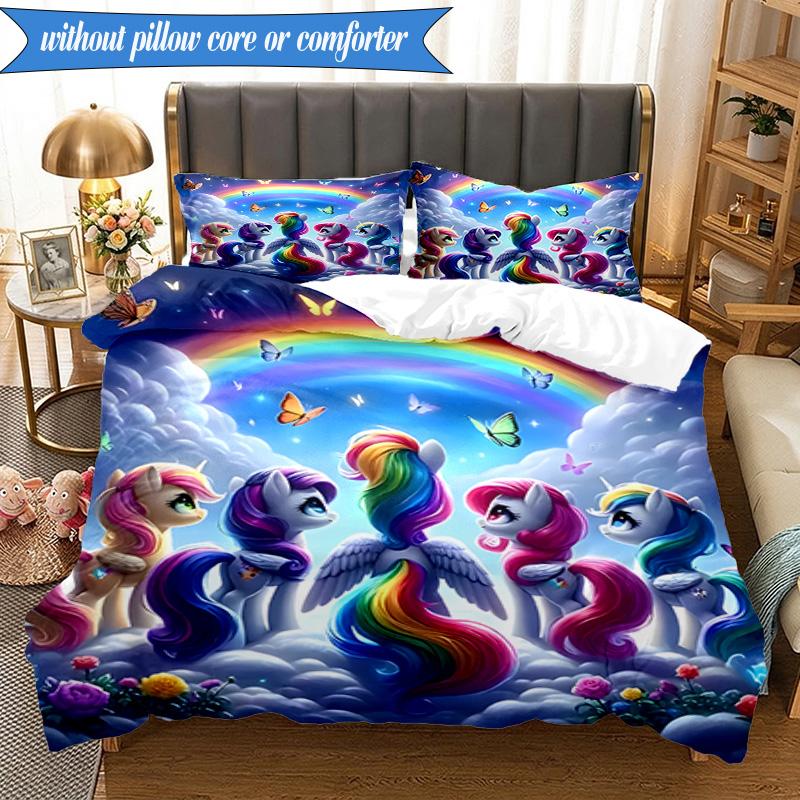 Rainbow unicorn In Clouds 3pcs K-pop music group Bedding set,Ideal for Bedroom, Dormitory,Including Duvet Cover And 2pcs Pillowcases,Fan gifts
