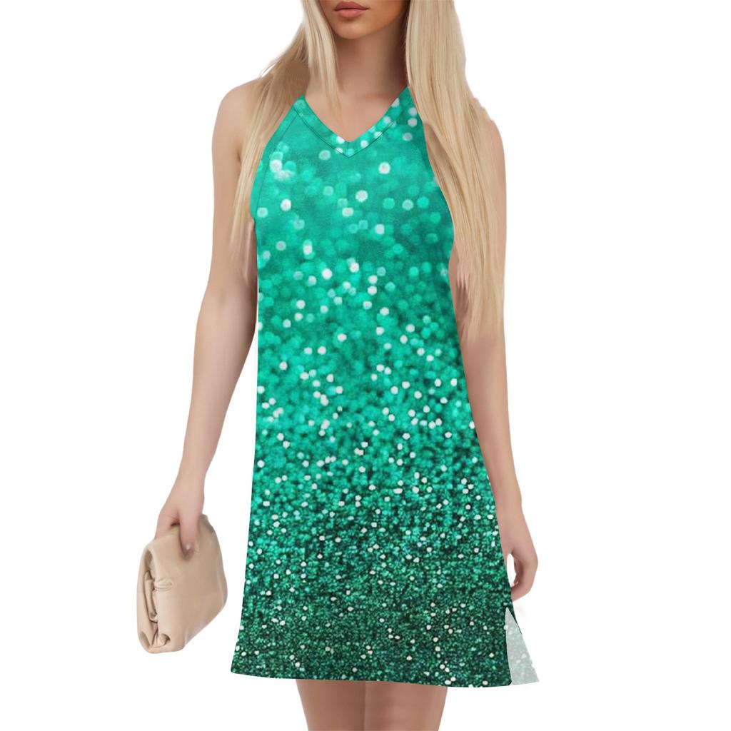 Women's V-neck Summer Casual Beach Vacation Women's Sleeveless Sparkly Print Sundress