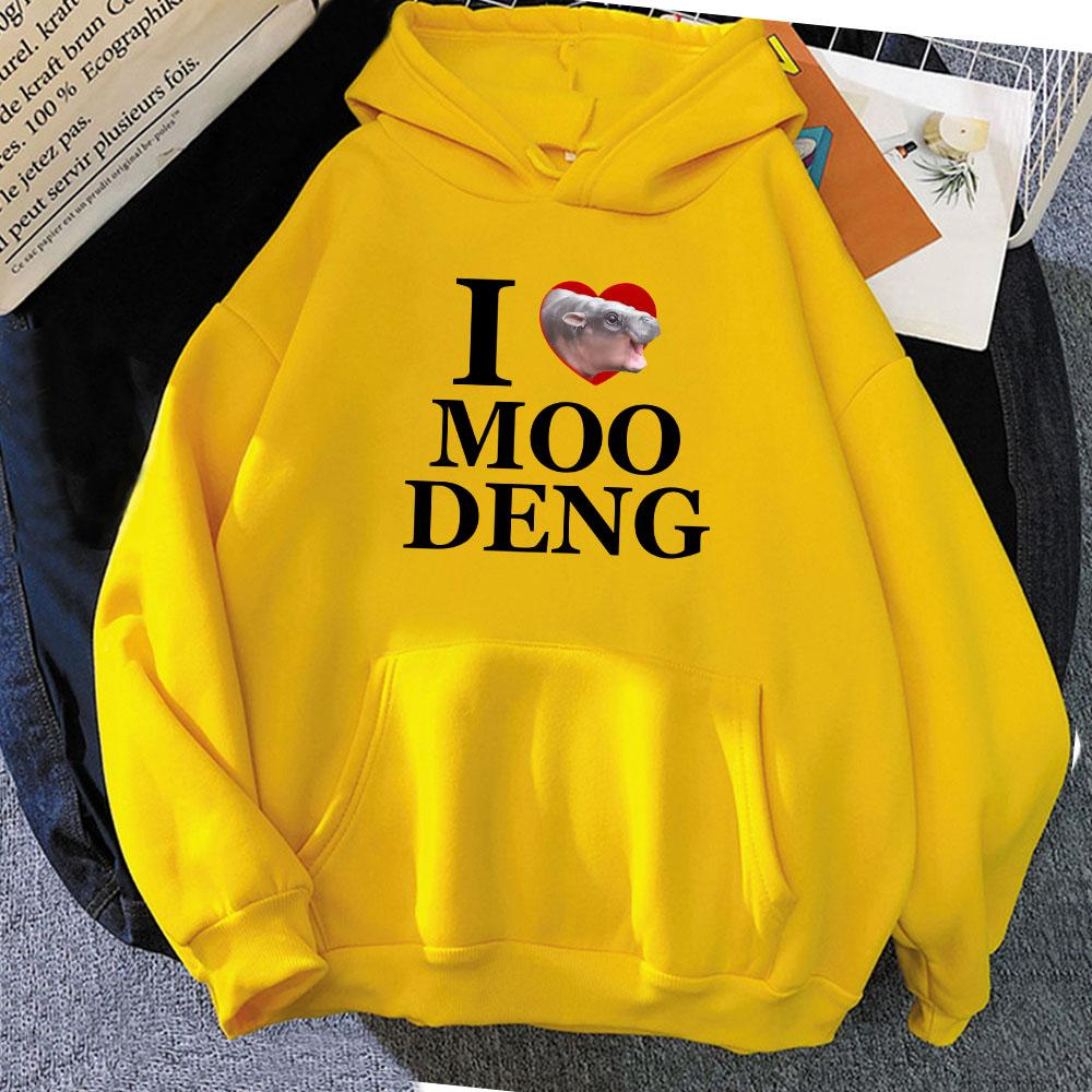 Девичьи толстовки с мультяшным принтом I Love Moo Deng Hippo Kawaii Толстовки Женская/Мужская одежда Карман Зимние пуловеры
