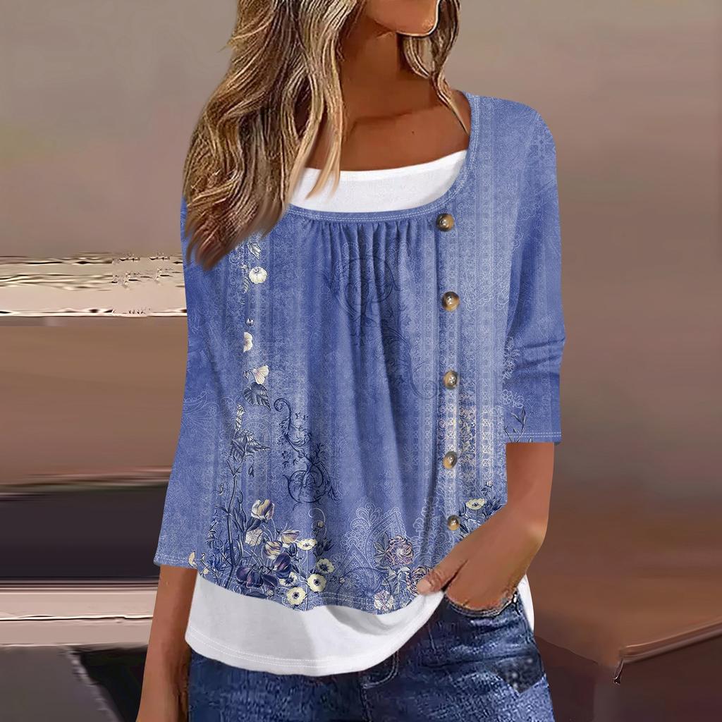 Women's T Shirt Tee Print 3/4 Sleeve Fake Two Pieces Daily Weekend Fashion Basic Regular Top