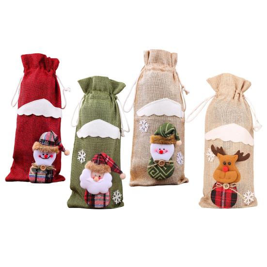 Christmas Burlap Wine Bags Cute Santa Claus Snowman Reindeer Design Reusable Wine Bottle Cover with Drawstring for Dinner Table Decor