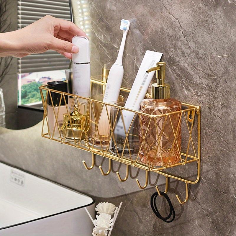 1pc Golden Luxury Bathroom Shelf Without punching,Shower Skin Care Products Wall Organizer Storage Rack with Hook,Kitchen Wall Mounted Storage Rack.