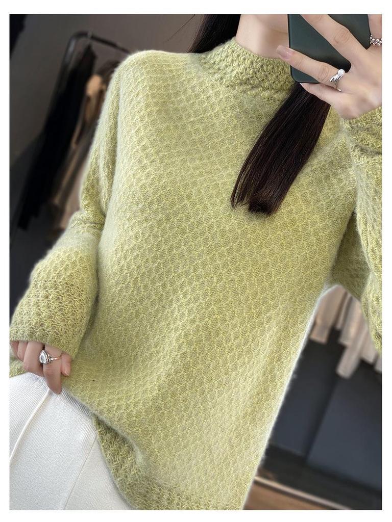 Women's Autumn Winter Thick Wool Sweater - Korean Style Half High Collar, Hollow Out Floral Design