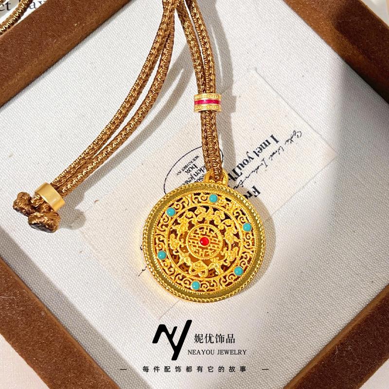 Meier Chinese style five blessings pendant, gold hollow ethnic style enamel compass necklace