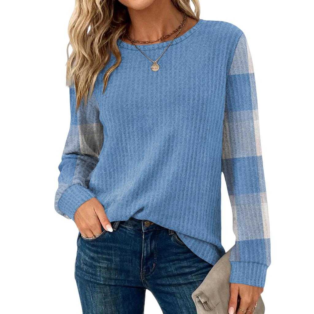 Женский повседневный топ свободного кроя с круглым вырезом и длинными рукавами в клетку