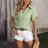 Women's Fashion Solid Color Loose Short Sleeved Casual Pleated Button Up Shirt Top
