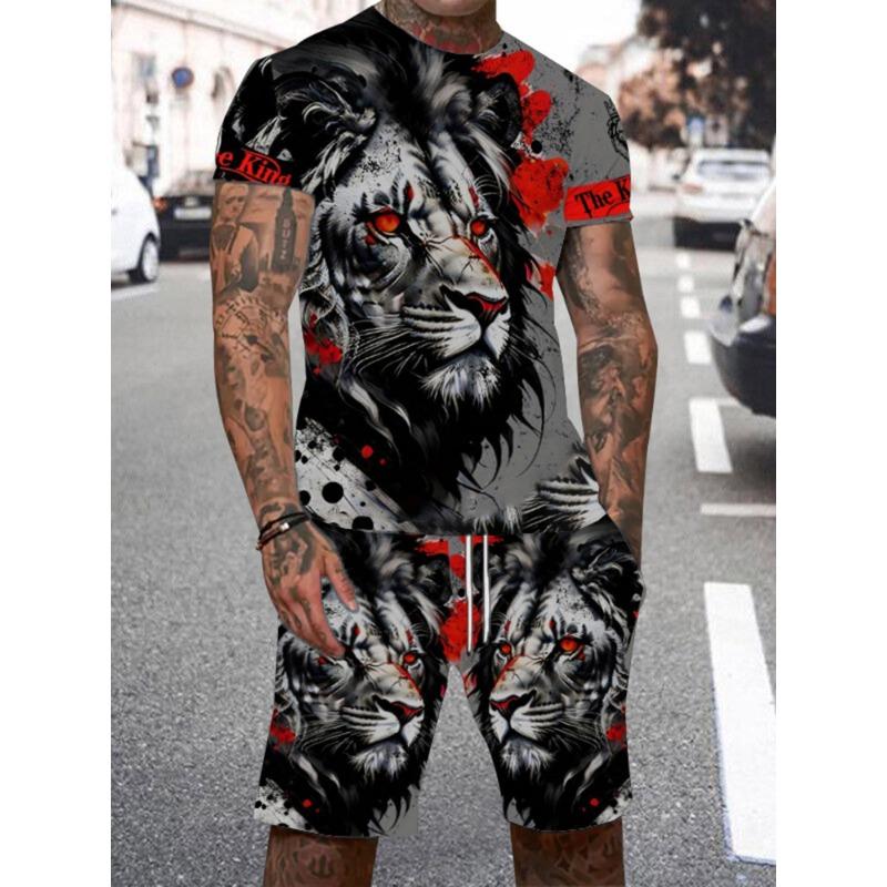 Летний спортивный костюм Ferocious Lion, повседневная мужская футболка с принтом в виде 3D-принта, шорты, мужская спортивная одежда с коротким рукавом, комплект из 2 предметов одежды