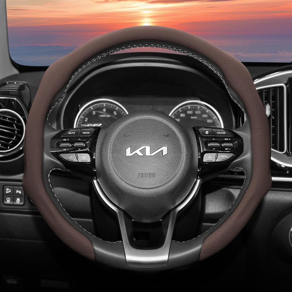 Подходит для Kia, Чехол на руль из перфорированной кожи, Нескользящий, Впитывающий пот, Дышащий, Интегрированный защитный чехол Sportage K5 Seltos Fort