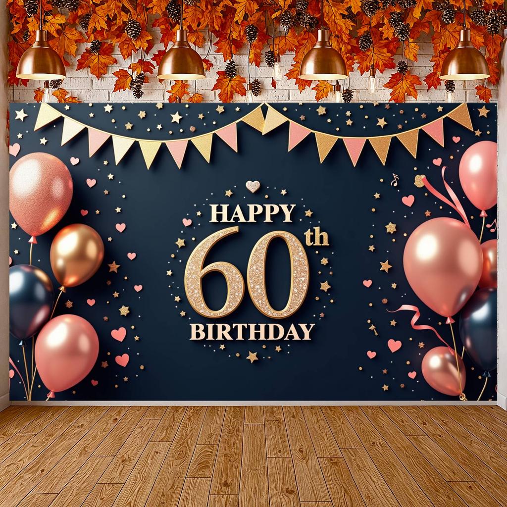 Фон для празднования 60-летия Треугольный гирлянда-флажки 60-летие Дисплей Роскошный фон для дня рождения Розовые акценты в виде сердечек