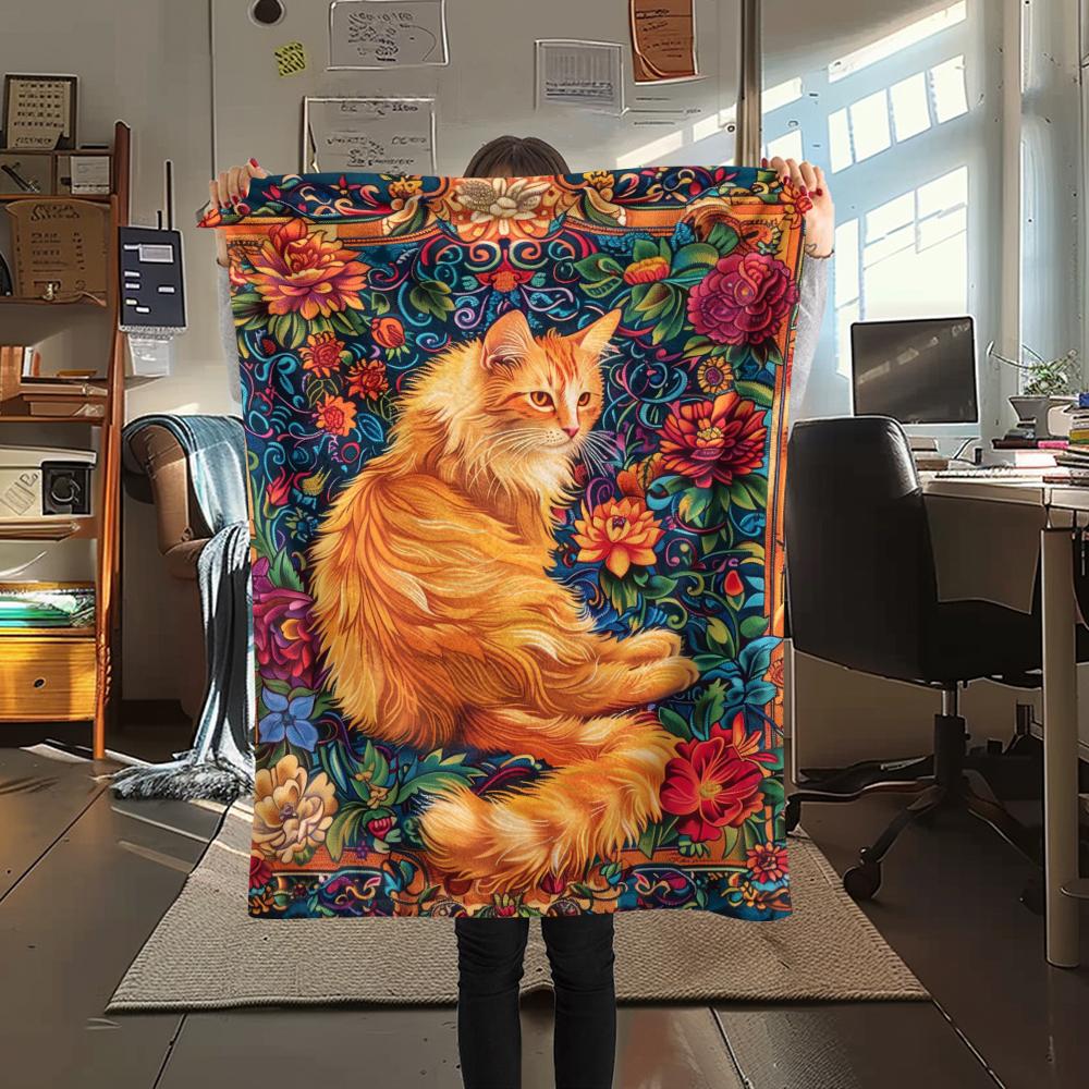 1Pc Boho Floral Cat Print Flannel Blanket, High quality Comfortable for All Seasons, Home Decor, Warmth and Comfort, Perfect for Christmas Gifts