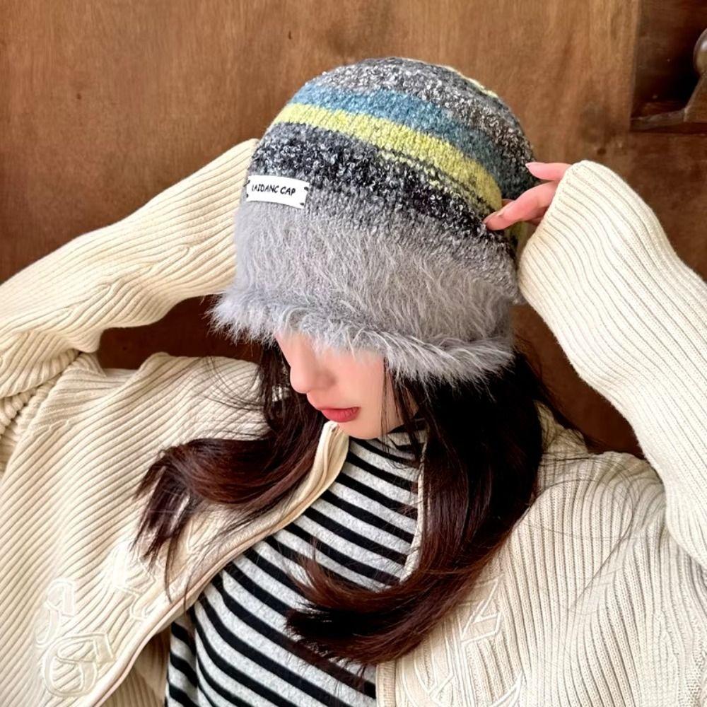 Autumn Winter Y2k Striped Hat Korean Women Beanie Hat Vintage Slouchy Woolen Hat  Outdoor