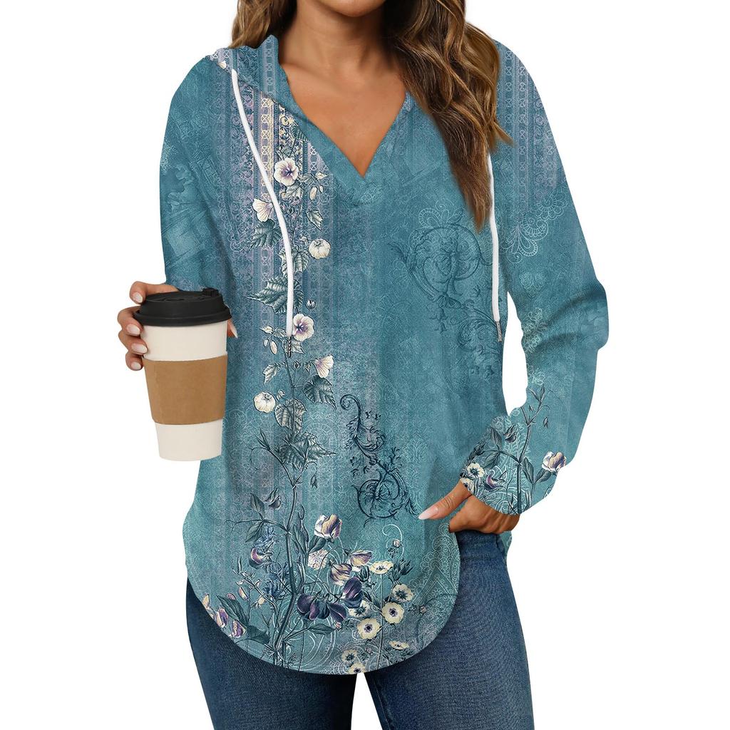 Women's Fashion Hoodies V Neck Long Sleeve Printed Drawstring Casual Loose Pullover Tops