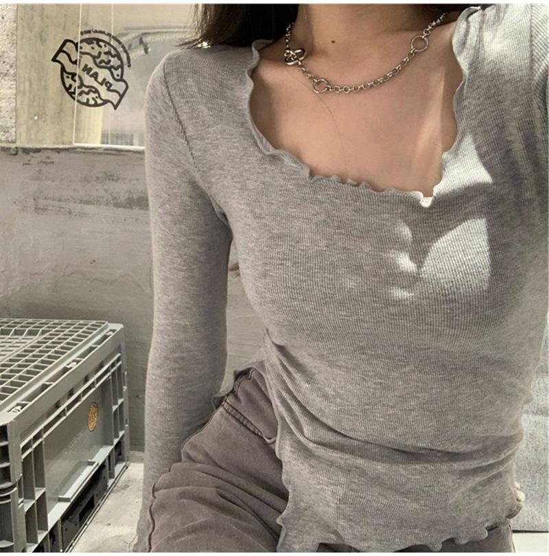 Women's Gray Autumn Long Sleeve Fitted Crop T-Shirt