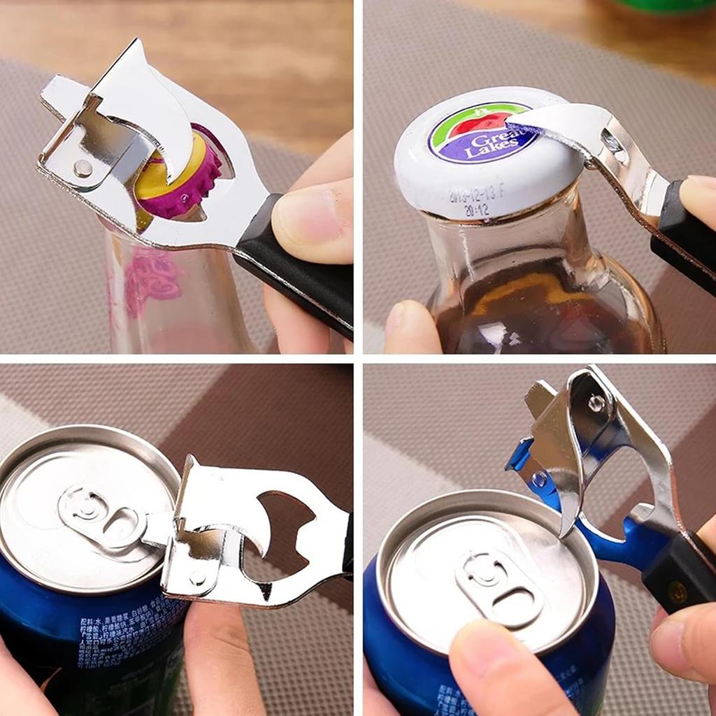 4-in-1 Can Punch Bottle Opener Classic Stainless Steel Manual Can Opener for Liquid with Cap Catcher, Can Tapper Church Key for Camping and Traveling