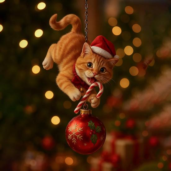 Cat Christmas Ornament Cute Kitten Christmas Ball Ornament 2D Flat Hanging Charm for Car Rearview Mirror