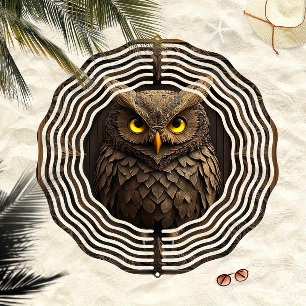 Laser Cut Metal Wind Spinner 3D Mandala Owl Design Outdoor Garden Decor Hanging Sculpture with Holographic Effect Creative Gift